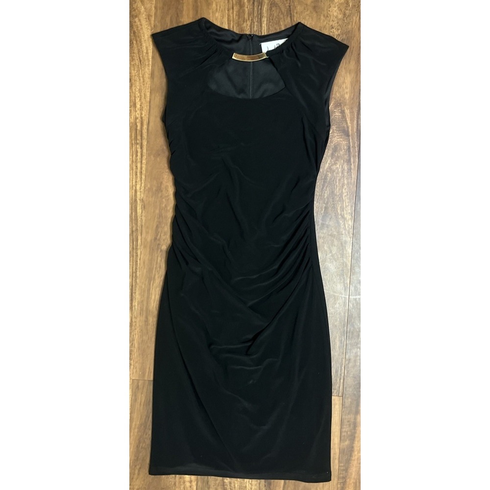 Joseph Ribkoff Ruched Sides Dress Size 6 Sleeveless Sheath Solid Black Gold